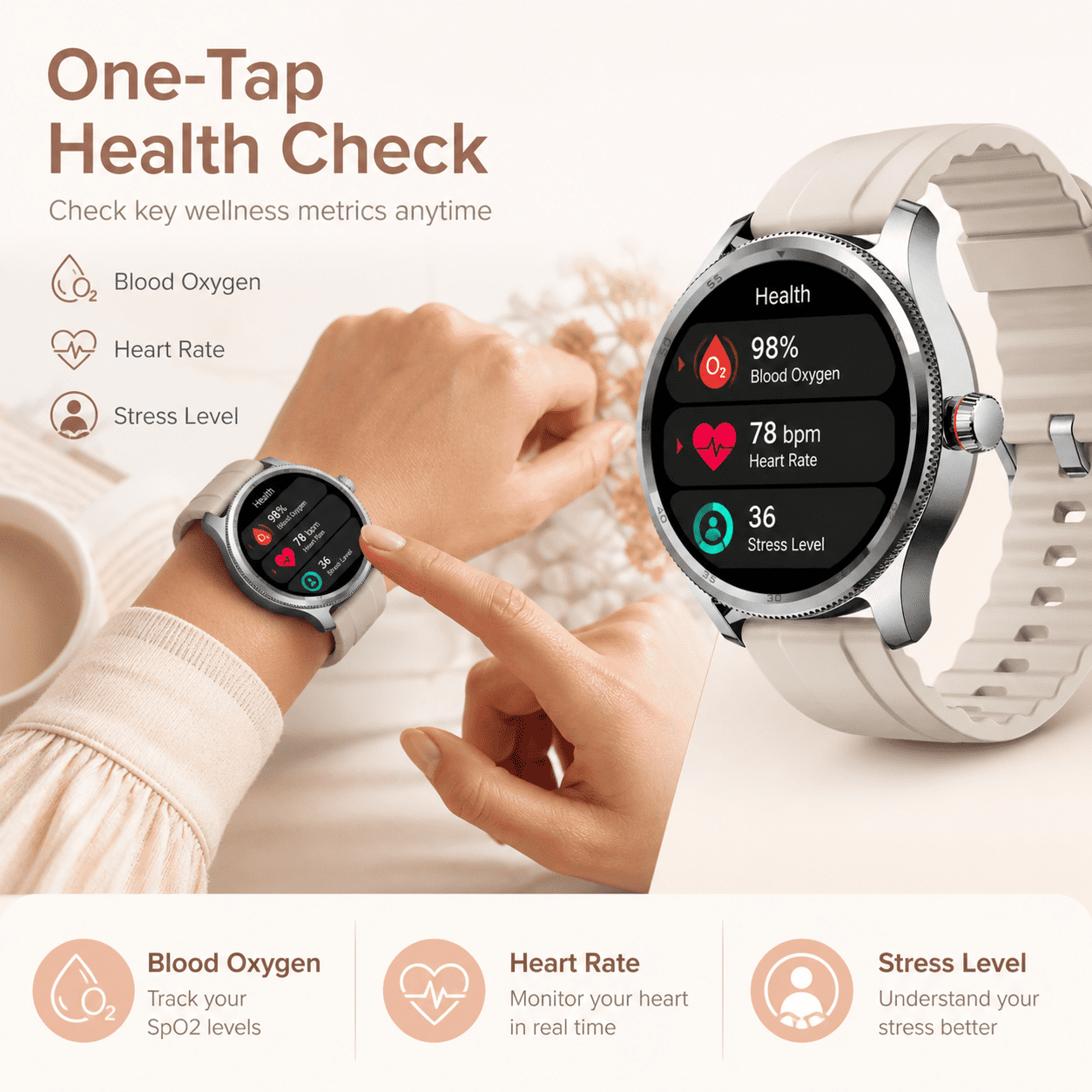 MiracoRun Women’s Smart Watch for iPhone & Android, 1.39" Round Touchscreen, Bluetooth Calling & Texts, Women’s Health Tracking- Cream