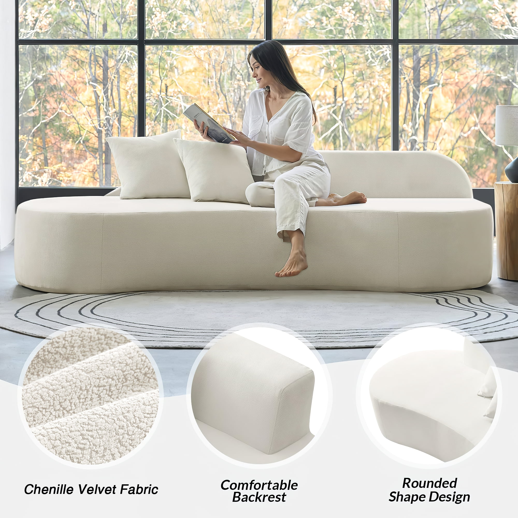 Aukfa Curved Couch Minimalist Style Comfy Sofa for Living Room, Compressed Couch, Chenille, Beige