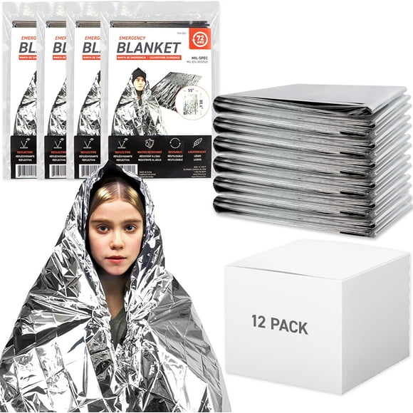 72 HRS Extra Large MIL-SPEC Emergency Mylar Thermal Blanket (Pack of 12) Heat Space Survival Blankets for Car, First Aid Kit, Hiking, and Shelter