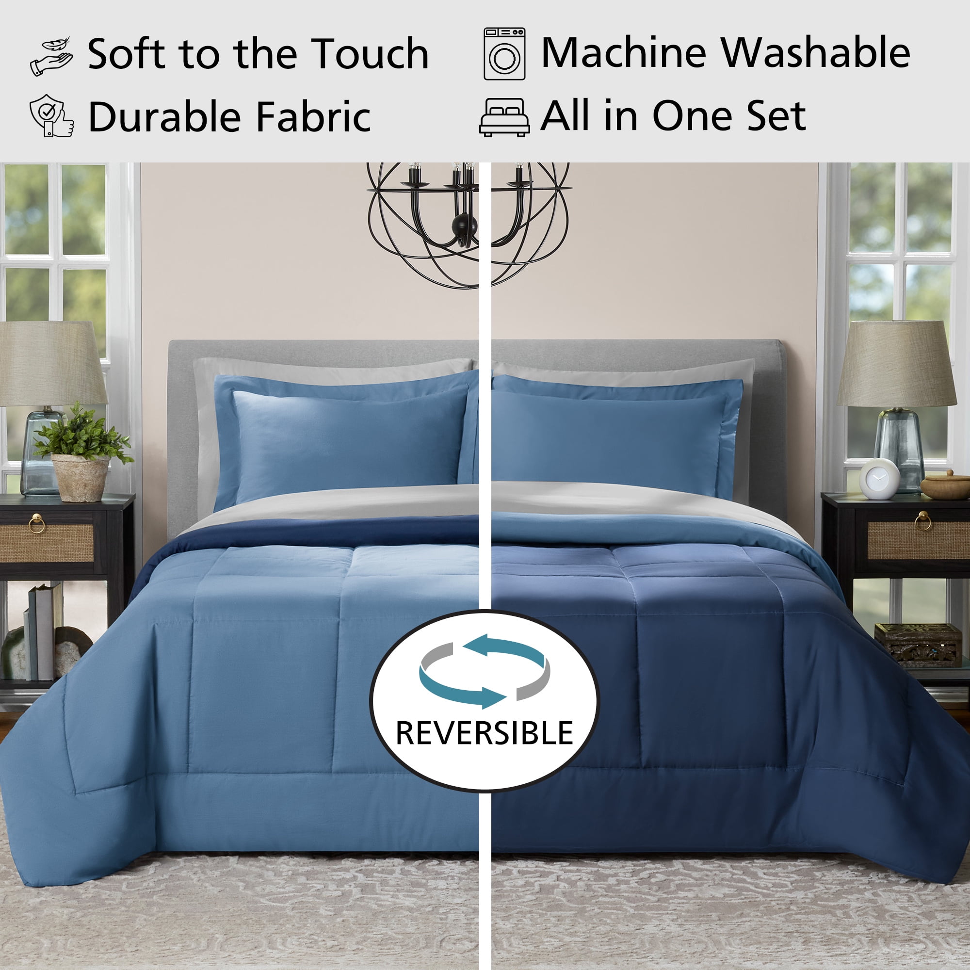Mainstays Reversible 7-Piece Comforter and Sheet Set, Full, Light Blue
