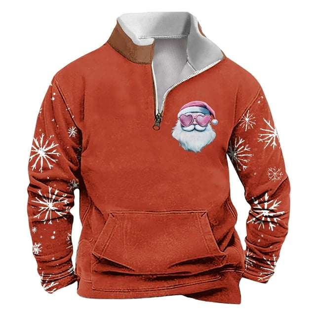 Sudadera sin capucha para hombre, de invierno, con cuello alto, cremallera, estampado navideño, jersey de manga larga, sudadera con capucha, blusa de poliéster para hombre