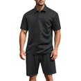 thumbnail image 2 of Men's Textured Short Sleeve Collared Shirt & Shorts Set Black S, 2 of 7