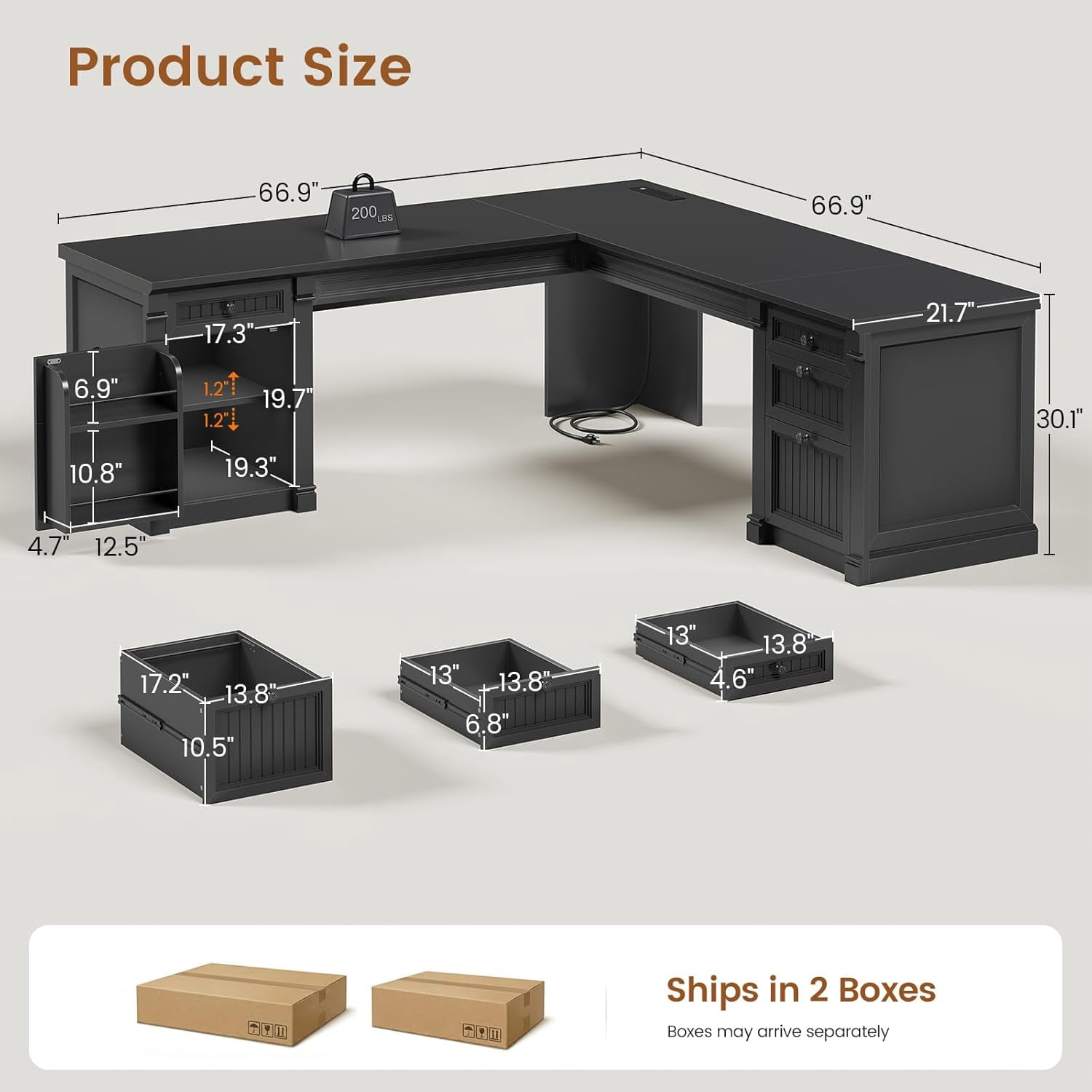 SEDETA Large L Shaped Desk with 4 Wood Drawers, 67"x 67" Executive Desk with File Drawers & Storage Cabinet, Farmhouse Corner Computer Desk with Power Strip for Home Office, Black
