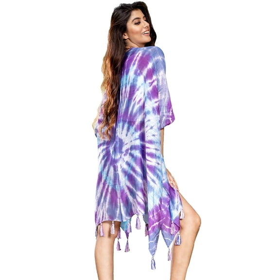 Brisas Hand Tie and Died Purple/Blue/White Beach Cover Up for Women Used as Swimsuit, Cardigan, Kimono for Super Soft Loungewear, Travel and Holiday - Circular Pattern