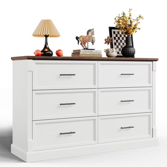 Farmhouse Rustic 6-Drawer Wide Wooden Double Dresser with Metal Handles, Modern Storage Cabinet Organizer for Bedroom, Living Room, Hallway, Closet & Kids Room