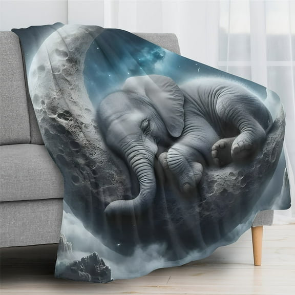 Travel Blanket Gift Elephant Leaning On The Moon Sleeping Pattern Flannel Throw Blanket Warm Soft Lightweight Suitable For Travel Camping Living Room Office Sofa Chair And Bed