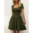 thumbnail image 5 of Women'S Summer Casual Short Sleeve Square Neck A Line Pleated Swing Dresses Short Dress with Pockets Army Green L, 5 of 8