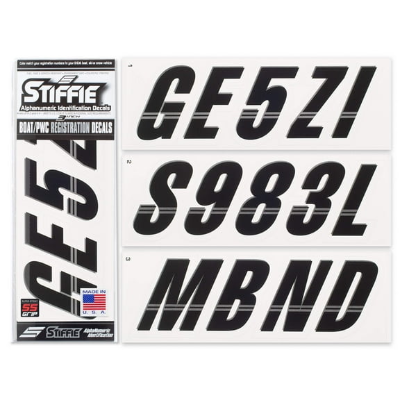STIFFIE Techtron Black/White SUPER STICKY 3" Alpha-Numeric Identification Kit Registration Numbers Letters Stickers Decals for Boats & Personal Watercraft PWC SeaDoo SPARK, Inflatable Boats, RIB, PVC