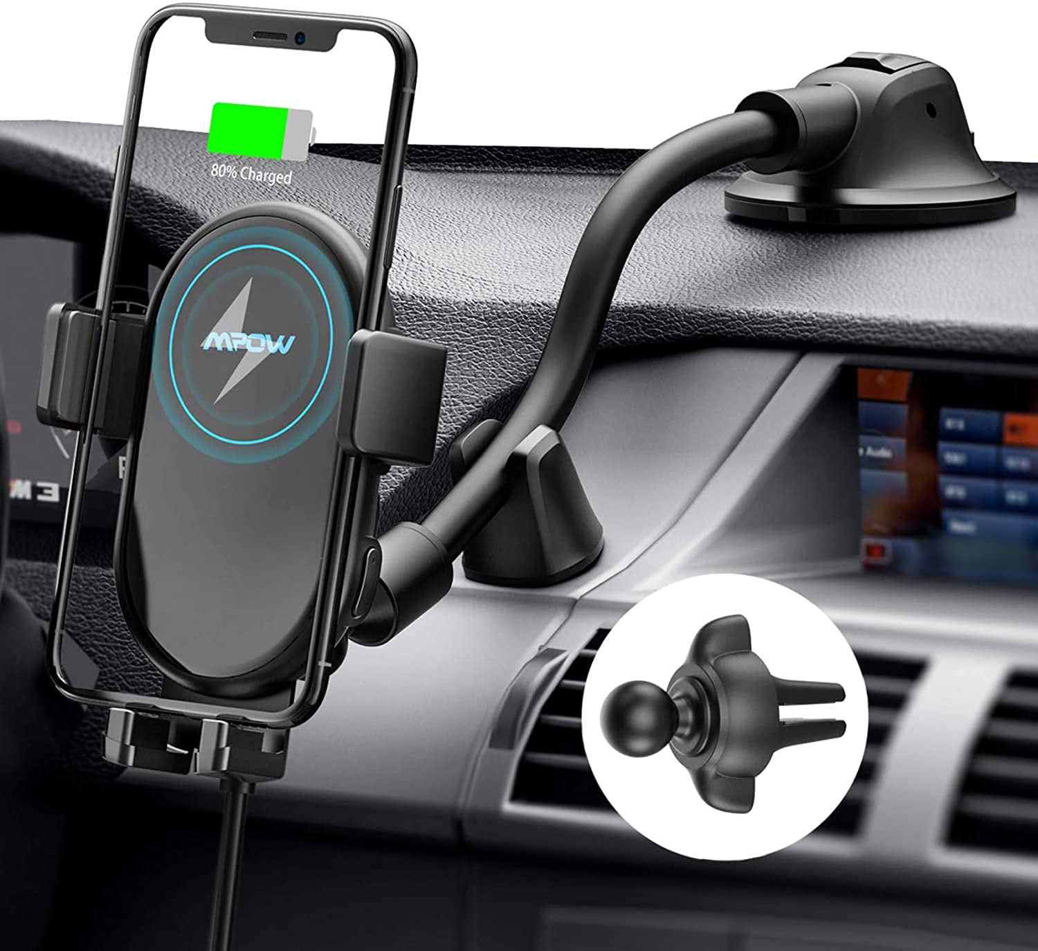 5W Auto Clamping Phone Holder for Dashboard Windshield Compatible with iPhone Xs Max/XS/XR/8 Plus Samsung Galaxy S10/S9/S8/S7 Edge/Note5 & Other Qi Smartphone Vech Wireless Car Charger Mount