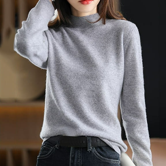 Delayuji Fashion Semi-high-neck knitted sweater for women's autumn and winter, short pullover, solid color casual sweater, thickened base layer