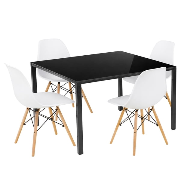 Comedor con Mesa en Vidrio Negro Moderna + 4 Sillas Eames blanco