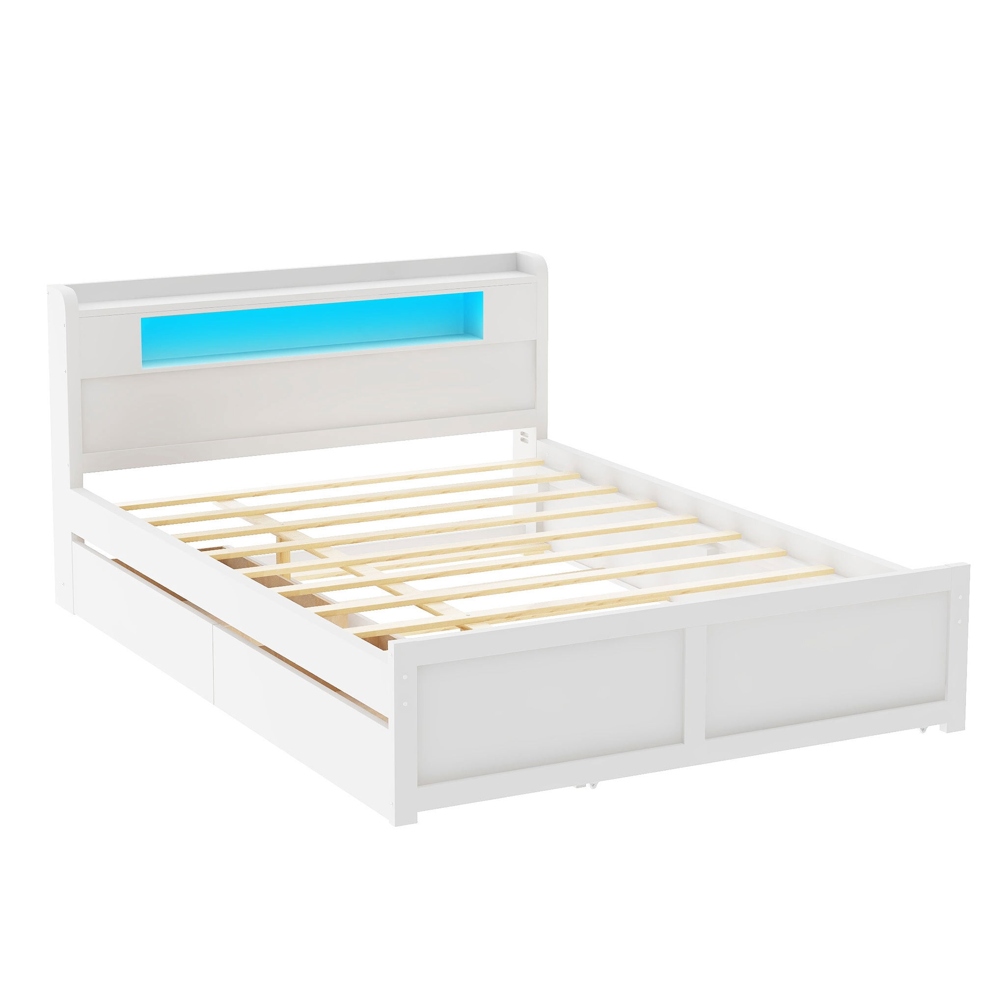Euroco Wood Queen Size Platform Bed with Storage Headboard, Drawers Trundle and LED Light for Adults, White