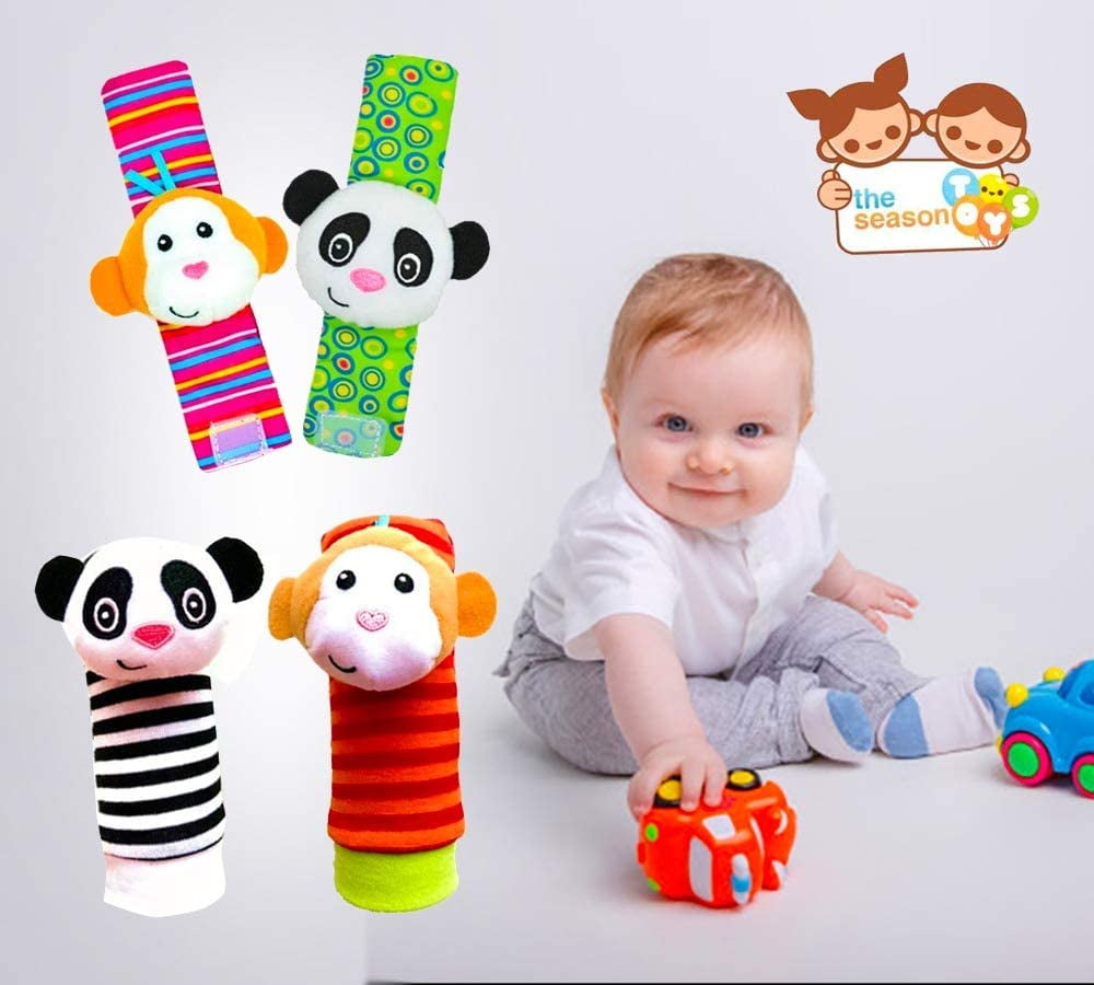 VONTER 4 Pcs Foot Finder Socks & Wrist Rattles - Newborn Toys for Baby Boy or Girl - Brain Development Infant Toys - Hand and Foot Rattles Suitable for 0-3, 3-6, 6-12 Months Babies