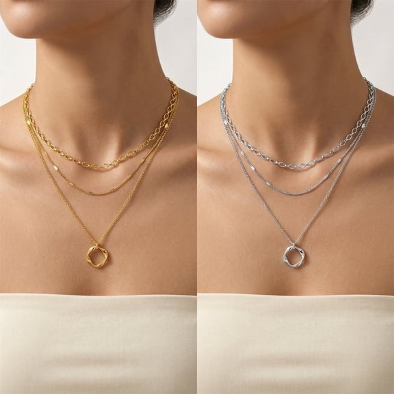 Layered Necklace Set for Women, 3 Piece Dainty Gold and Silver Plated Chains with Circle Pendant, Adjustable Stackable Jewelry for Everyday Wear(2Pack)