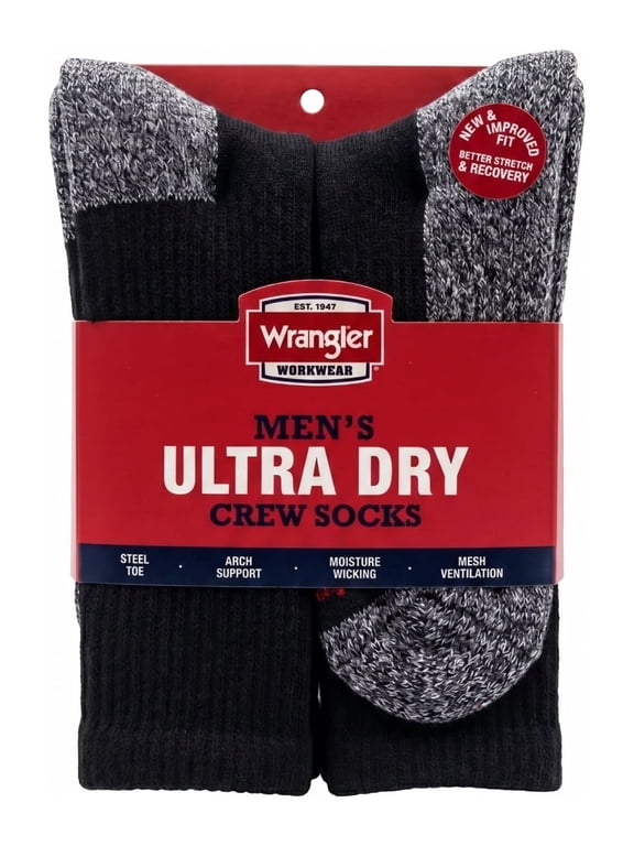 Men's Cushion Crew Socks, Work Socks for Men, Black, 6 Pack