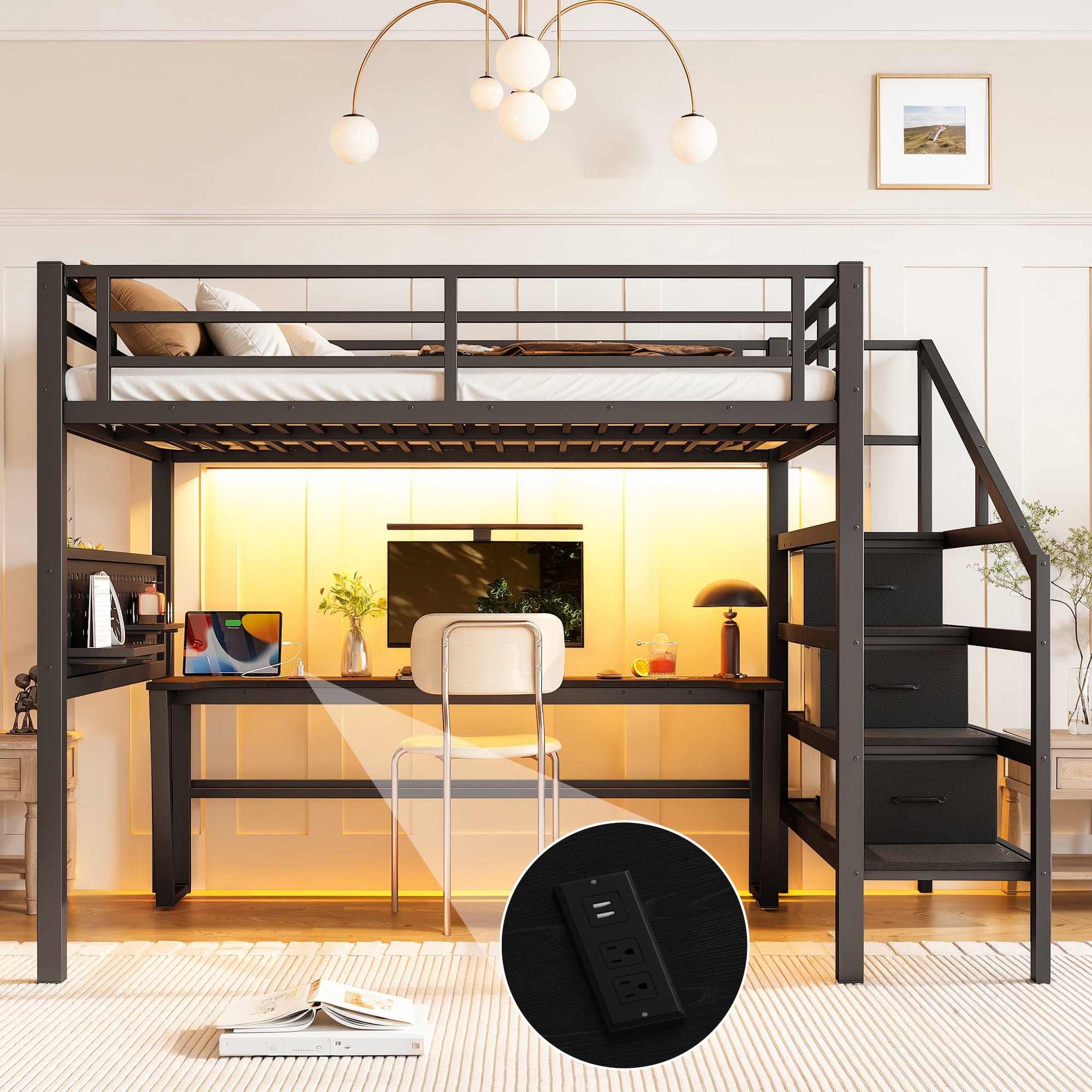 Leumius Full Size Loft Bed with Storage Stairs and Movable Desk with USB,Metal Loft Bed Frame with 3 Fabric Drawers and LED, Full-Length Guardrail and Pegboard,Black
