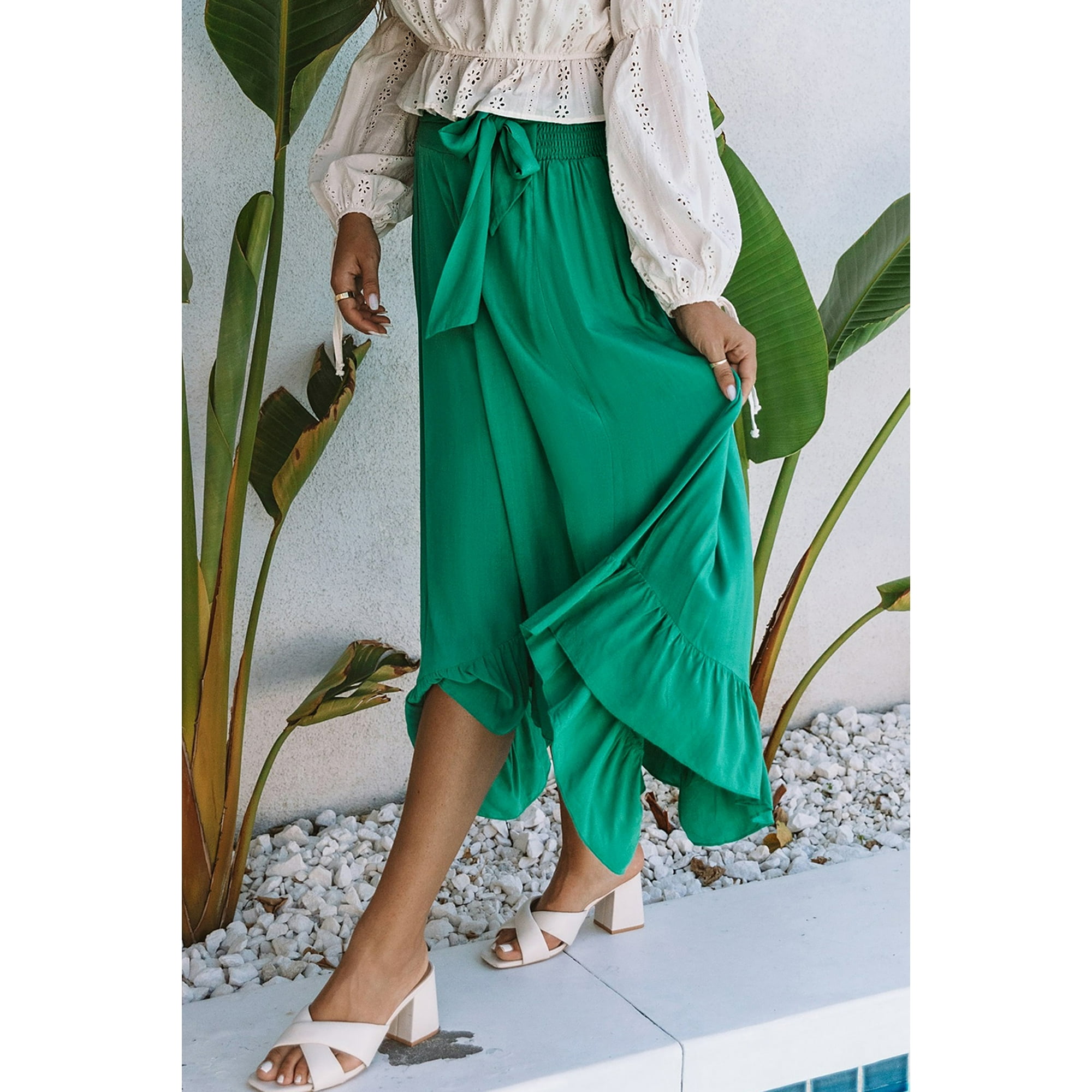 POGLIP Women s Green Asymmetric Flounce Belted High Waist Maxi Skirts