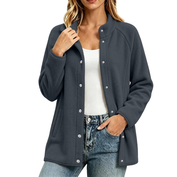 OGLCCG Fleece Jacket Womens Stand Collar Snap Front Sweatshirt Cardigan with Pockets Long Sleeve Soft Sherpa Coat,Size S-3XL