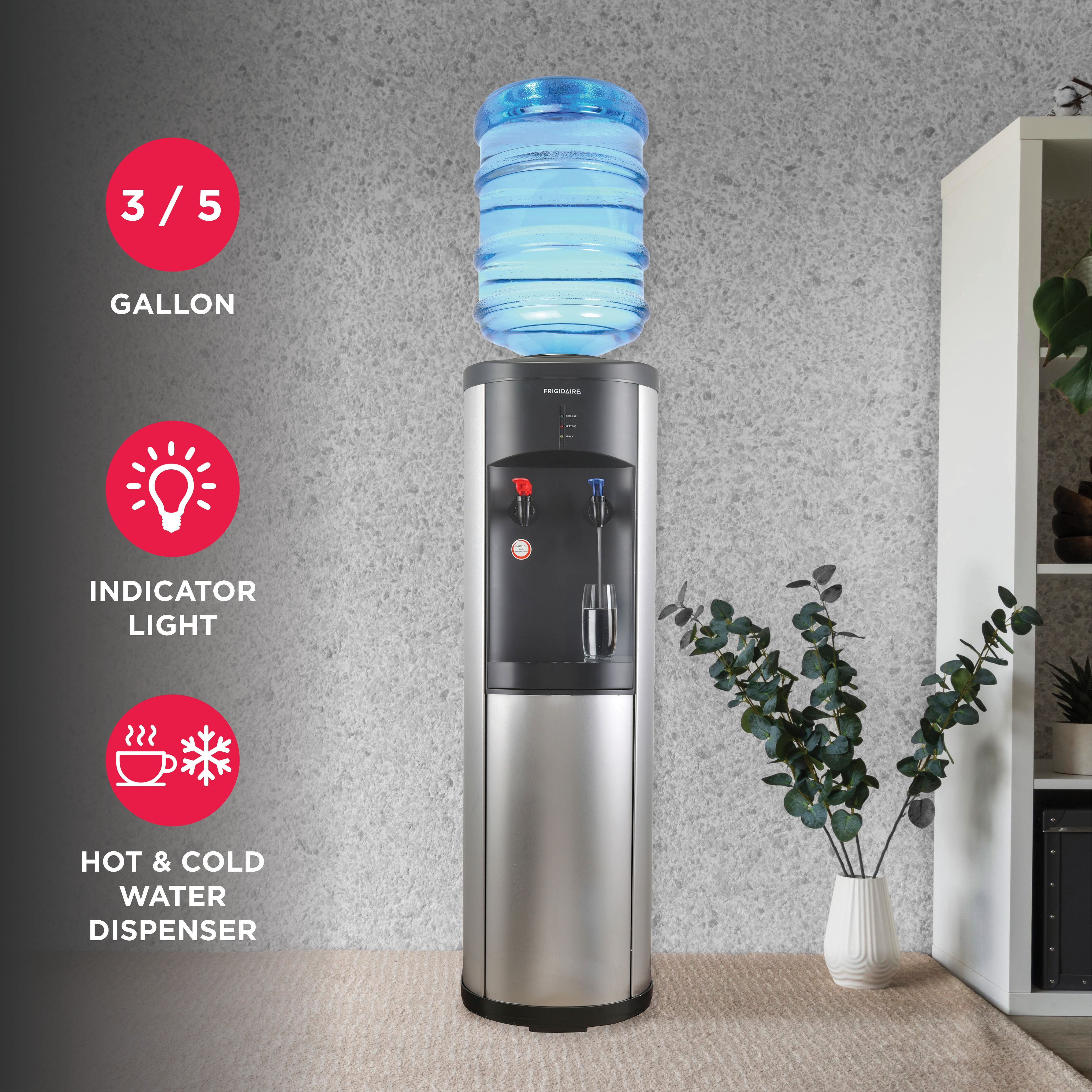 Frigidaire Top Load Hot & Cold Water Cooler Dispenser, Fits 3 and 5 Gallon Bottles, Stainless Steel