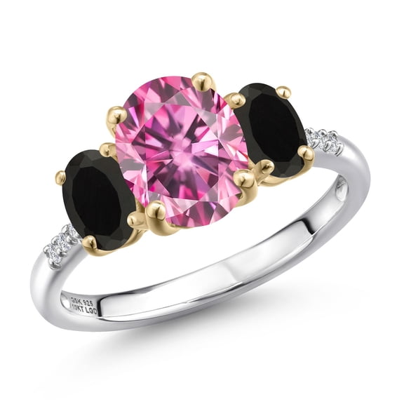 Gem Stone King 925 Silver and 10K Yellow Gold Pink Moissanite and Black Onyx and Lab Grown Diamond Engagement Ring for Women | 2.86 Cttw | Oval 9X7MM | Birthstone | Size 7