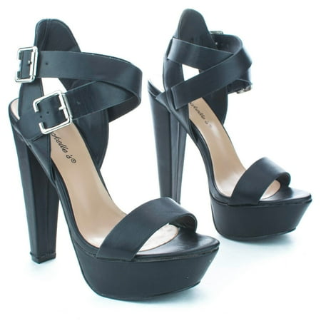 - Bonnie25 by Breckelle’s, Double Buckle Ankle Wrap Chunky Heel Platform Pumps
