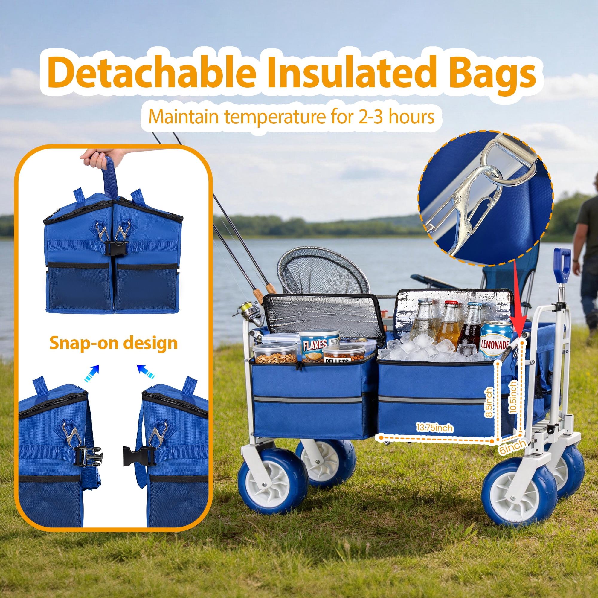 Beach Wagon Cart 500lbs Heavy Duty Collapsible Folding Wagon Oversized 150L 9 Inch PVC All-Terrain Wheels Adjustable Handle Cooler Storage Bags Beach Camping Garden Outdoor Sports Blue