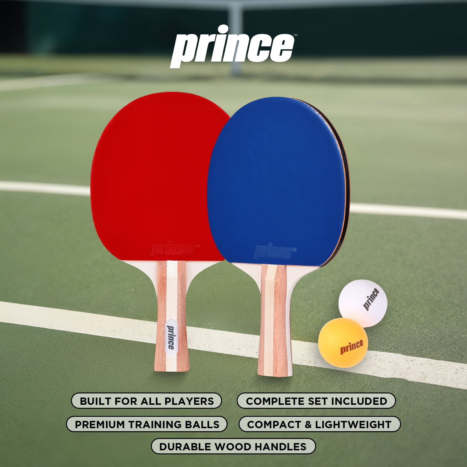 Prince Ping Pong 4 Player Set, Table Tennis Paddle & Ball Kit with 4 Paddles, 8 Balls, Wooden Handles, Rubber Paddle Surface & Portable Zipper Case for Family Games, Practice & Recreational Play