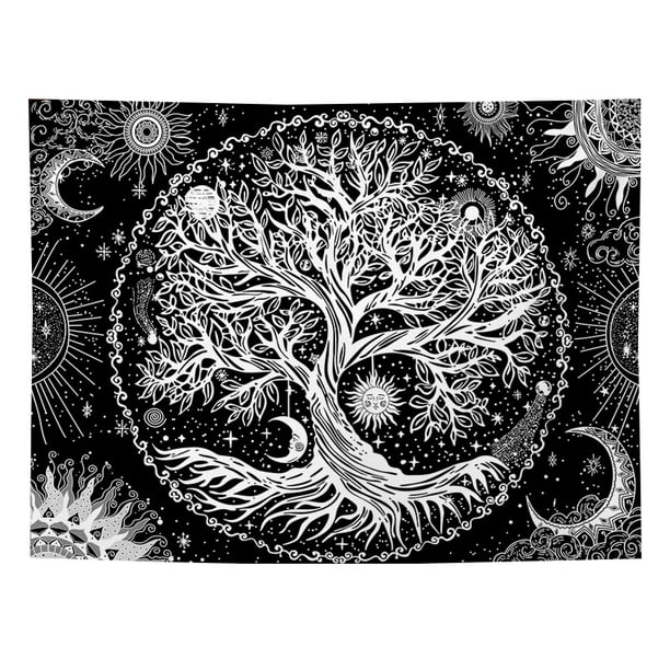 Arawat Tapiz de árbol de la vida Tapiz de pared Tapiz de árbol de la vida Blanco y negro Luna Sol Decoración de pared Alfombra psicodélica Trippy Tapices góticos Tapiz de pared Tapiz para colgar en l TUNC Sencillez