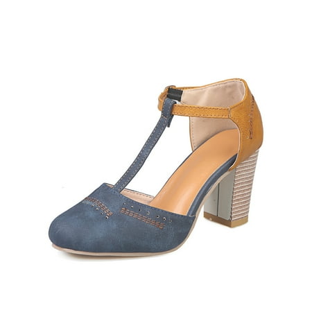 

Ritualay Ladies High Heels Summer Fashion Sandal Ankle Strap Heeled Sandals Lightweight Casual Dressy Shoe Street Work T-strap Shoes Blue 9