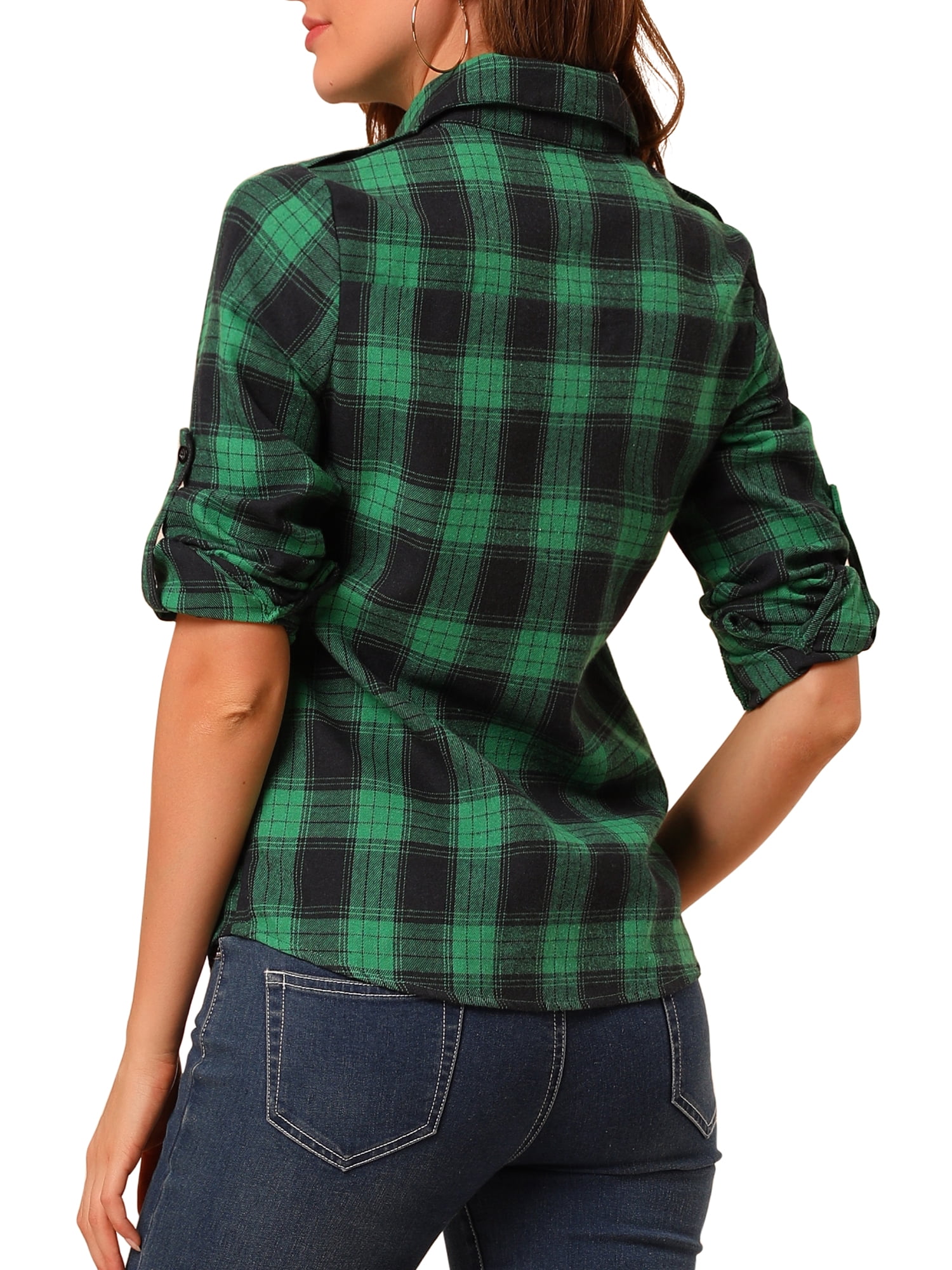 Unique Bargains Women's Halloween Costume Check Roll Up Sleeves Button Down Shirt