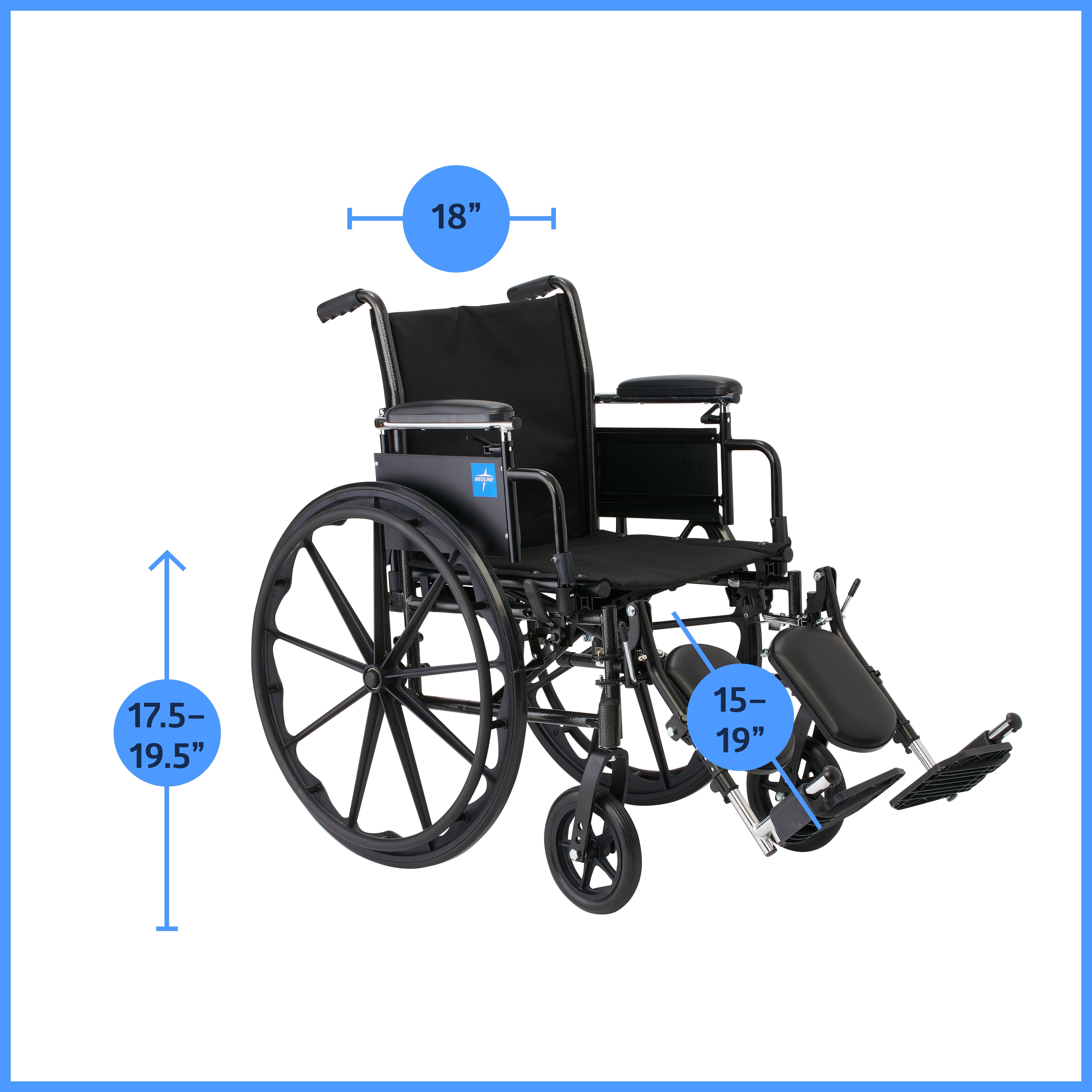 Medline K3 Adjustable Manual Wheelchair, Height-Adjustable Arms, Elevating Leg Rests, 18" Seat