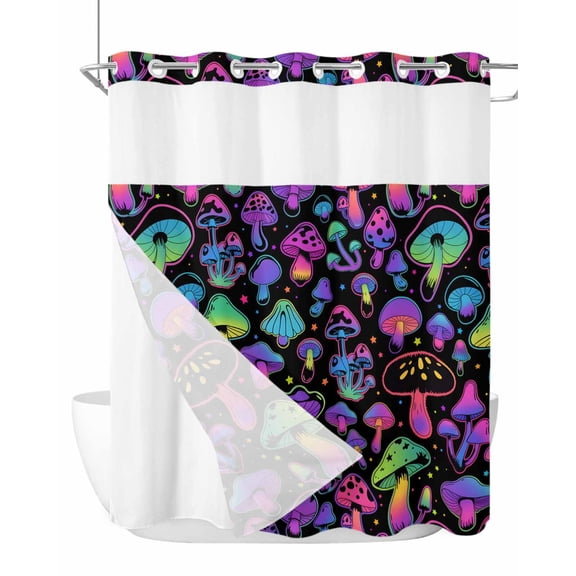 No Hook Cloth Fabric Shower Curtain with Snap in Liner, Purple Green Mushroom Waterproof Shower Curtains Set with See Through Top Window, Abstract Art Botanical Gradient Bath Curtains Shower 72"x72"