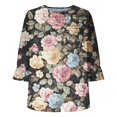 thumbnail image 4 of Women's Summer T-Shirts 3/4 Length Sleeves Floral Print Shirts Casual Ruffle Bells Sleeves Shirts Fashion Classic Front Pleated Slim Blouses Top, 4 of 6