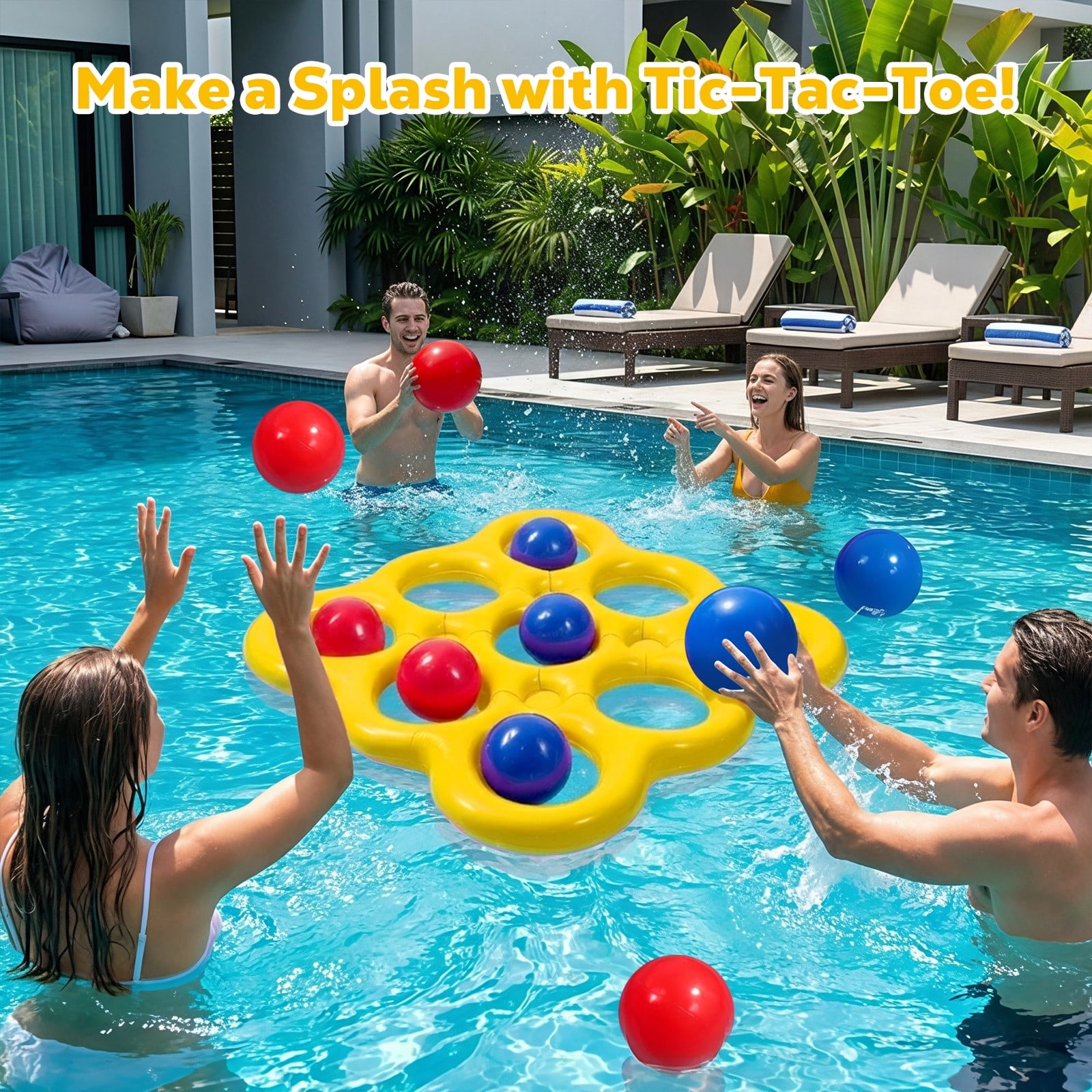MoKo Pool Toys Games Set Tic-Tac-Toe Inflatable Pool Toy with 10 Balls - for Adults Teens Kids 2-10 Players, Yellow