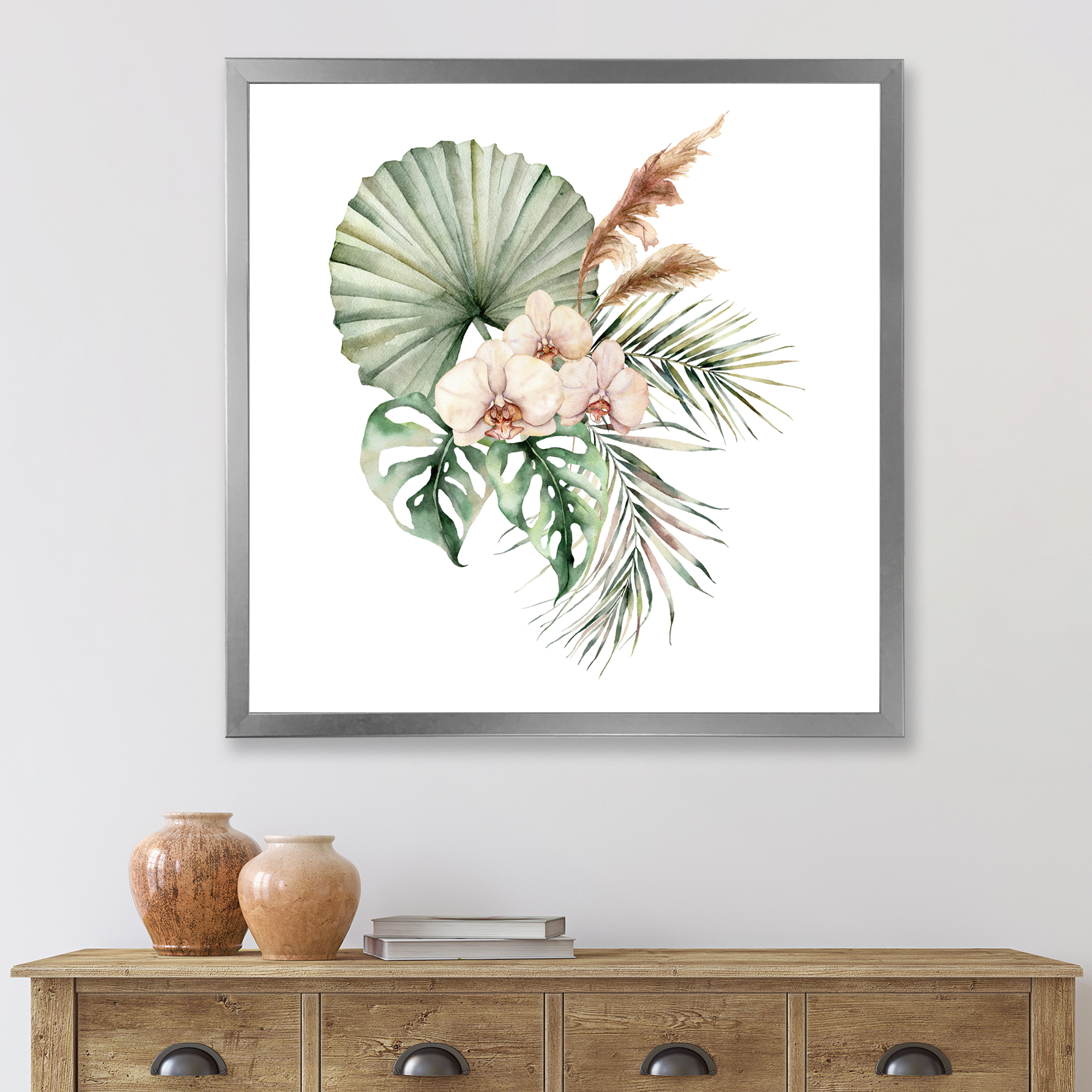 Designart 'Tropical Bouquet With Palm Orchids Leaves' Traditional Framed Art Print