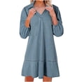 thumbnail image 2 of Xuniizn Robes pour Femmes Grande Taille à Revers Col en V Robe en Denim Décontractée d'Été Manches Bouffantes 3/4 Couleur Unie Robe Mini, P-3TG, 2 of 6