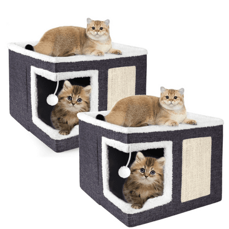 2 Pack Cat Houses for Indoor Cats - Large Cat Bed Cave with Scratch Pad and Fluffy Ball, Foldable Cat Hideaway Condo with Reversible Cushion for Multi Small Pet, Dark Grey