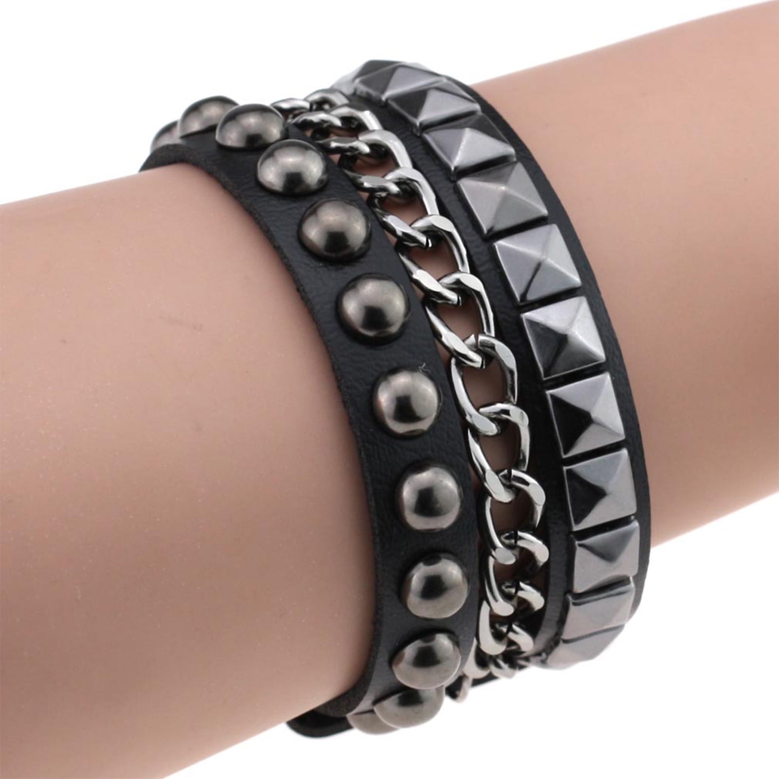 Sanfenly Punk Studded Bracelets for Men Women Faux Black Goth Leather  Bracelets Spike Skull Hand Rivet Chain Cuff Bracelets Adjustable Gothic Emo