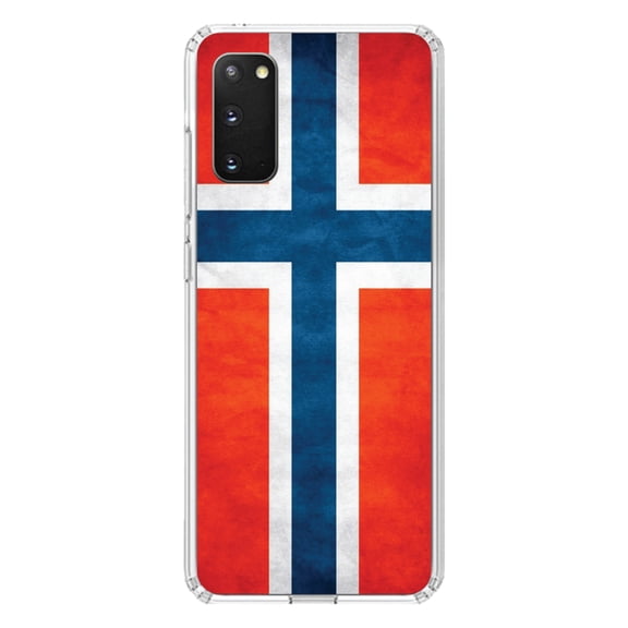 DistinctInk Clear Shockproof Hybrid Case for Galaxy S20 PLUS / 5G (6.7" Screen) - TPU Bumper, Acrylic Back, Tempered Glass Screen Protector - Norway Old Flag Red White Blue - Norway