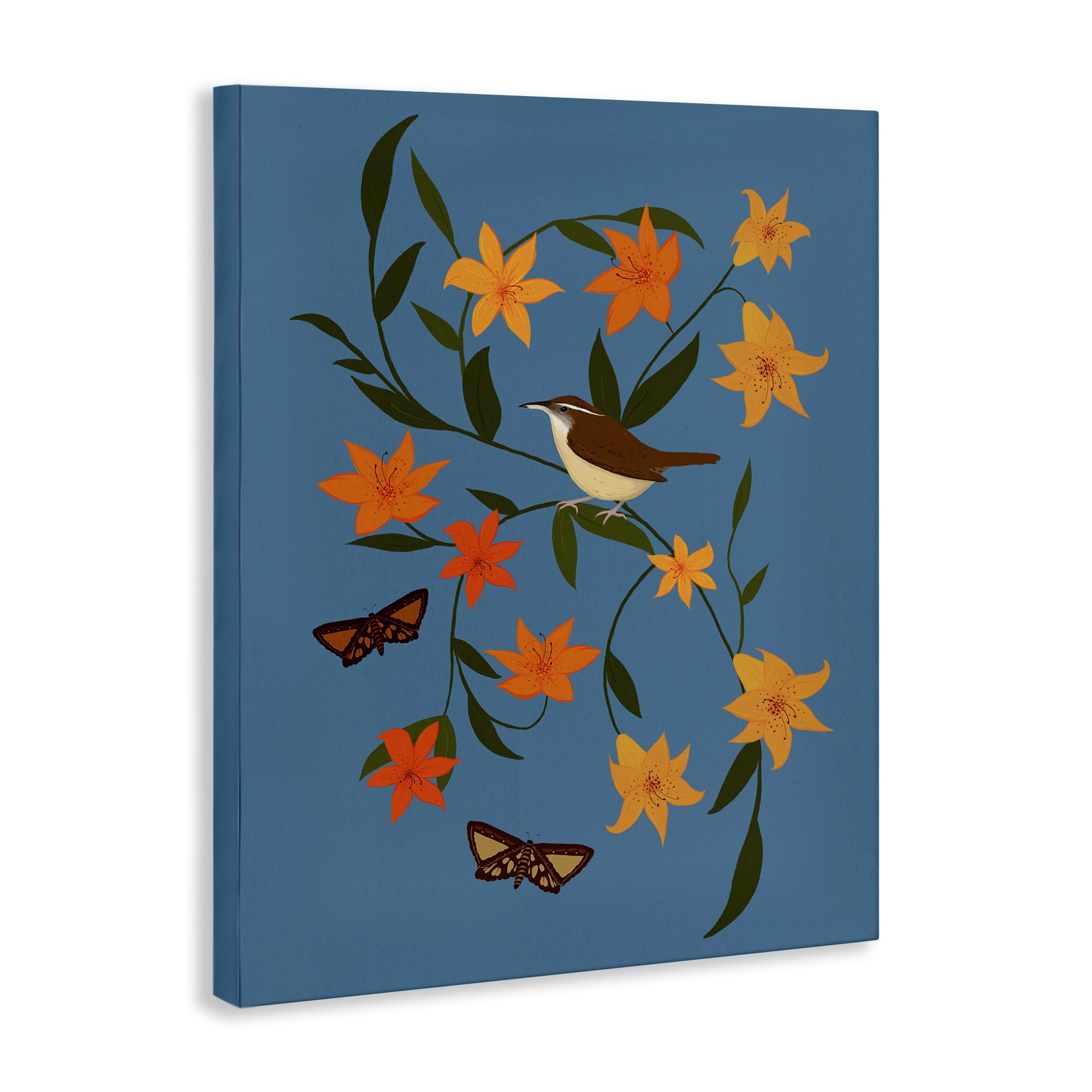 Stupell Industries Sparrow on Lily Bunches Plants & Flowers Painting Wrapped Canvas Art Print Wall Art, 16 x 20