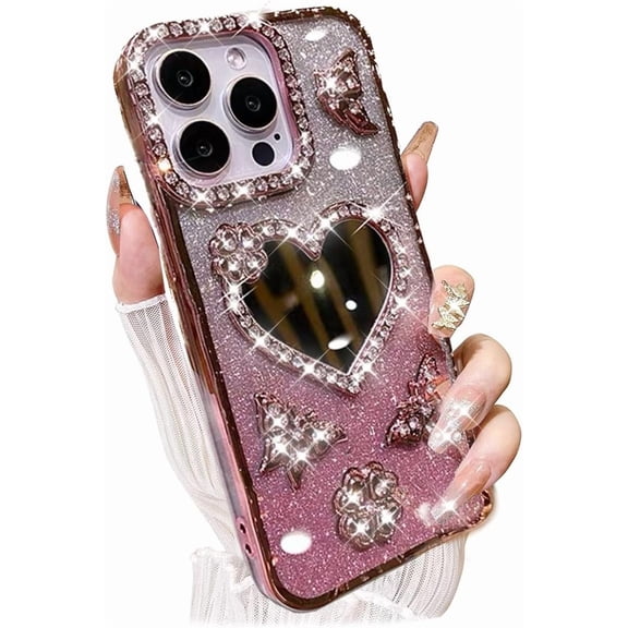 for iPhone 16 Pro Max Bling Case, Shockproof Luxury Shiny Diamond 3D Butterfly Glitter Gilry Woman Thin Soft Phone Cover with Love Heart Makeup Mirror for iPhone 16 Pro Max 6.9 inch (Pink)