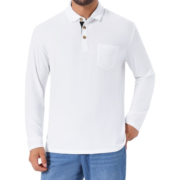 DARING DIVA Men's Contrast Button Collared Long Sleeves Golf Polo T-Shirts S White