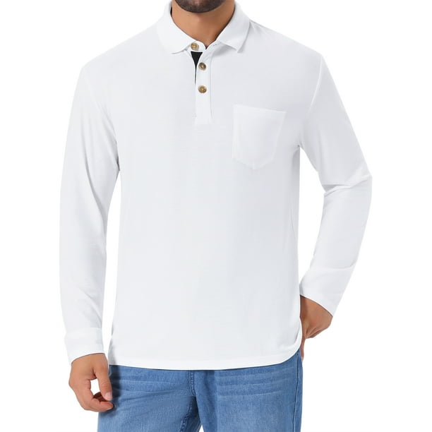 Inspire Chic Conjunto para Hombre Polo de Golf de Manga Larga con Botones Contrastantes y Bolsillo 2XL Blanco