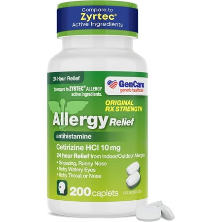 GenCare 24 Hour Allergy Relief Tablets Antihistamine Cetirizine HCl 10 mg, 200 Caplets