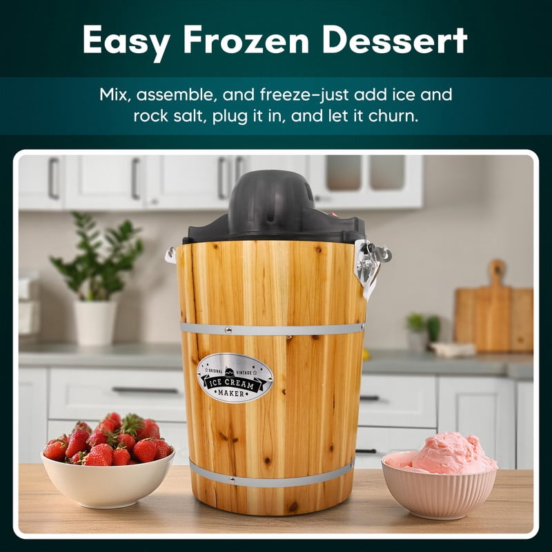 Elite Cuisine EIM569 6Qt. Old Fashioned Pine Bucket Ice Cream Maker with Hand Crank