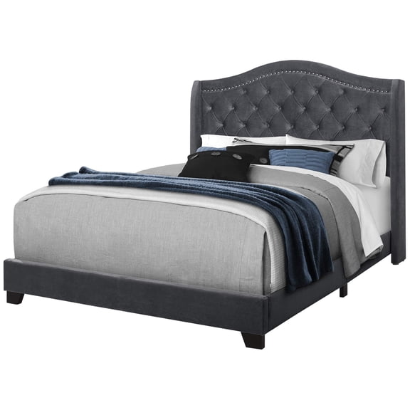 Monarch Specialties Bed - Queen Size, Dark Grey Velvet With Chrome Trim