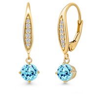 Gem Stone King 10K Yellow Gold Blue Apatite and Lab Grown Diamond Dangle Earrings for Women | 1.08 Cttw | Gemstone Birthstone | Round 5MM