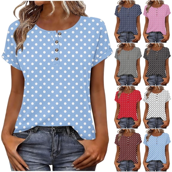 Lenago Women's Tops Tops for Women Women's Fashionable Spring And Summer Clothing Unisex Fashionable Printed Base T-Shirt Button-Up Short-Sleeved Round-Neck Top/Shirt Wine XXL