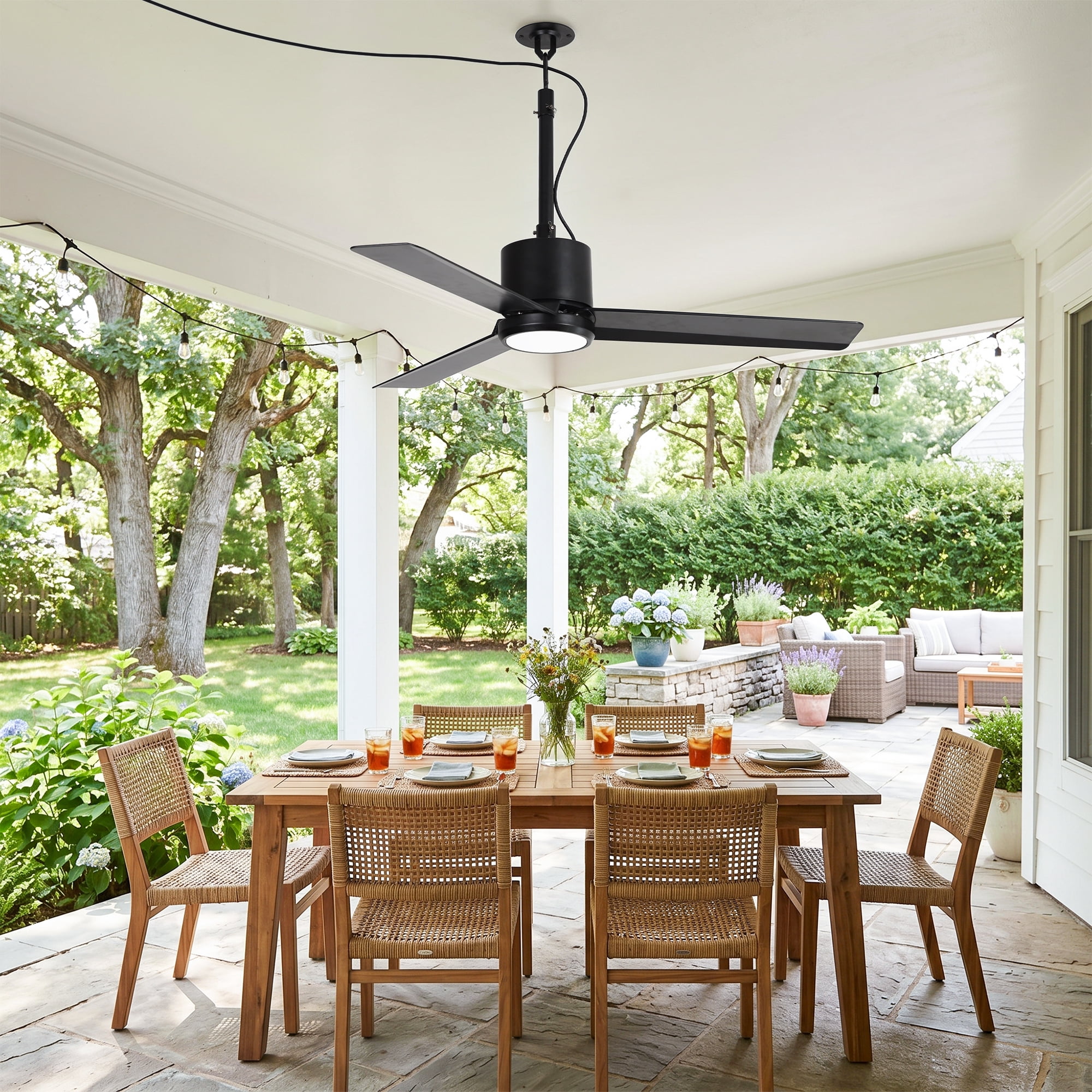 Parrot Uncle 42" IP65 Waterproof Plug-in Outdoor Ceiling Fan with Light and Remote, Black Propeller Ceiling Fan for Patio