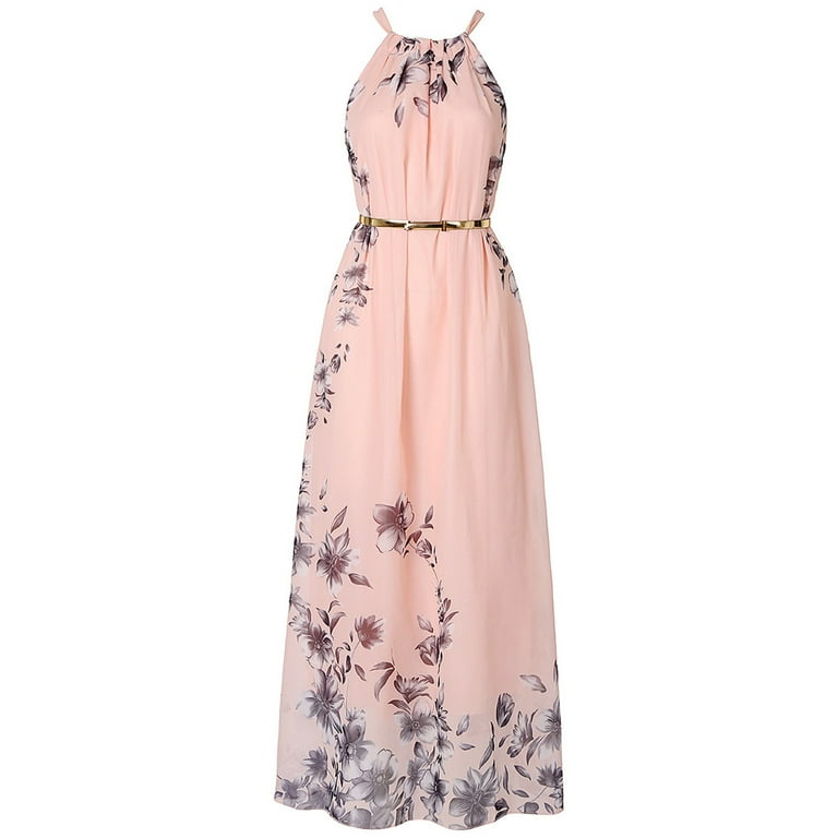 Women Dress Halter Sleeveless Chiffon Long Dress Floral Print Bohemian Summer Beach Dress Walmart